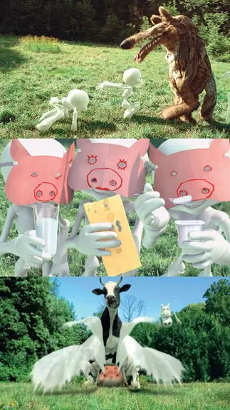 scénario pour la télévision : dans la forêt 3 bonies courrent. Ils sont poursuivis par le grand méchant loup. Ils s'arrêtent et affrontent le loup. So