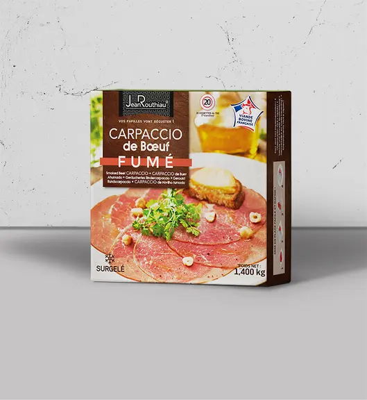 Pack de carpaccio fumé Jean Routhiau,à base de viande fraîche de boeuf. Produit surgelé.