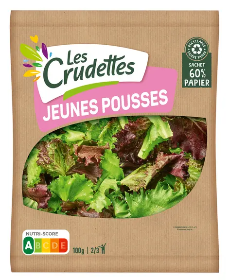 Le pôle végétal a amélioré l'attractivité du sachet des Crudettes en papier kraft en ajoutant une fenêtre sur les salades.