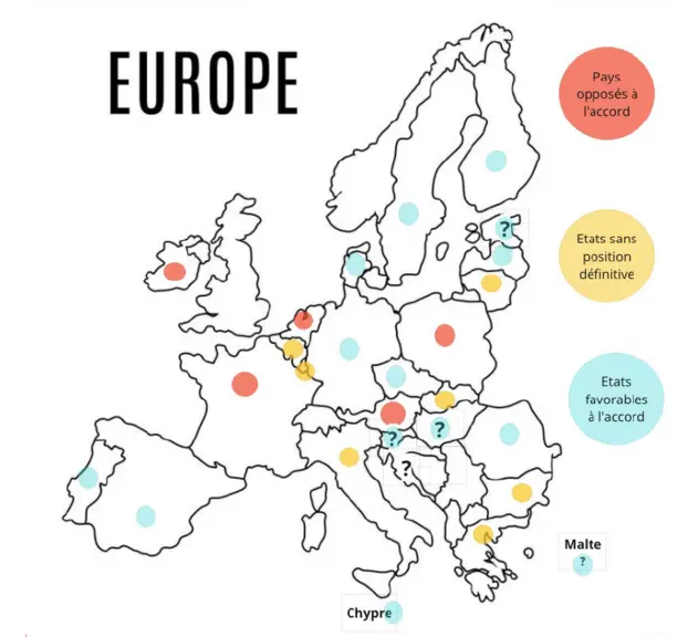 Carte : Position des États membres sur l'accord UE-Mercosur 