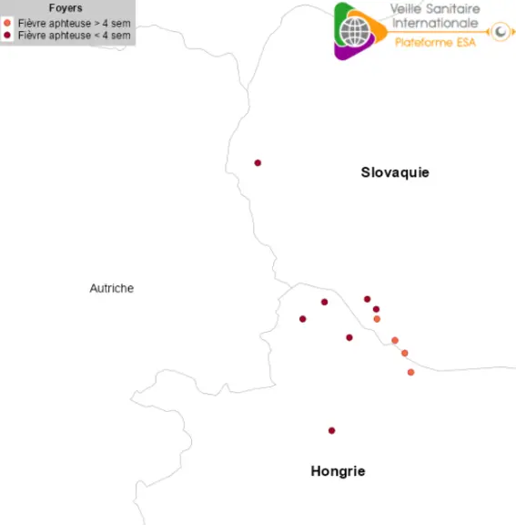 Localisation  des  foyers  de  fièvre  aphteuse  détectés  en  Hongrie  et  Slovaquie  depuis  le 03/03/2025   (date   de   première   détection   en   Hongrie)   (source:   Commission   européenne   ADIS   le 22/04/2025).