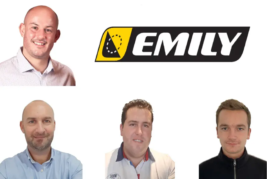 En haut : Jérôme Le Febvrier, directeur commercial agricole France et international chez Emily ; De gauche à droite : Arnaud Seitz, Sébastien Crepel e