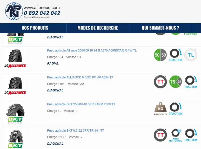 Site internet allpneus.com - pneumatiques tracteurs agricoles Alliance et BKT