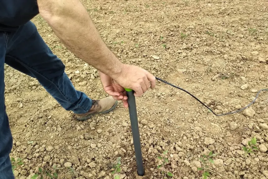 La sonde capacitive est insérée dans un trou réalisé au préalable à l'aide d'une tarière. © Corhize