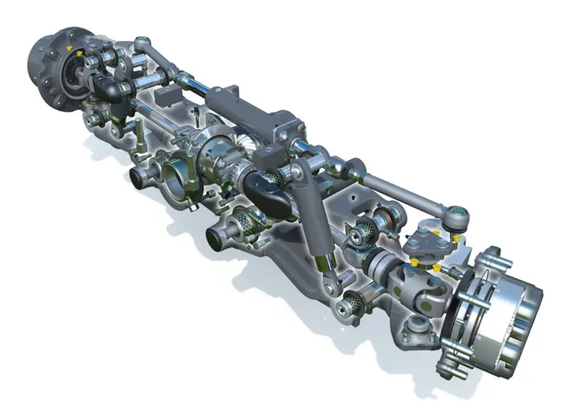Doté de bras indépendants, le pont suspendu des tracteurs Massey Ferguson 3700 AL intègre deux vérins hydrauliques permettant de faire varier sa haute