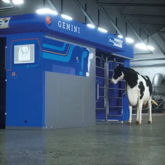 Le robot de traite Gemini de Boumatic s'installe facilement grâce à sa conception monobloc © Boumatic