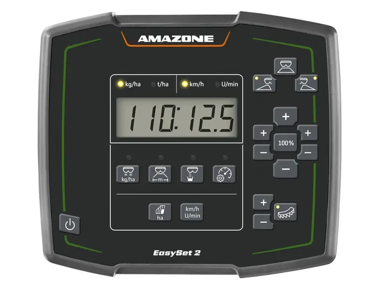 Le terminal EasySet 2 d'Amazone affiche en permanence la dose en k/ha et la vitesse en km/h.
