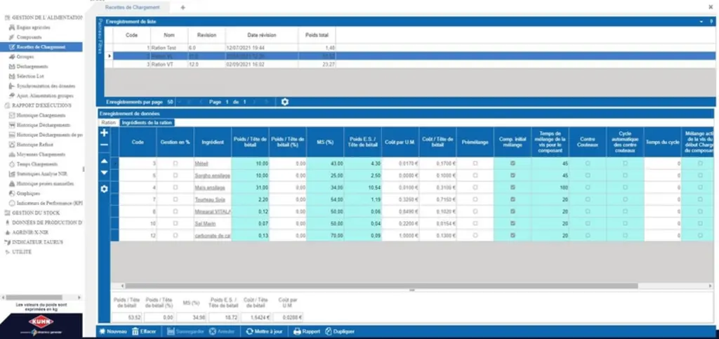 Vue d'écran de l'interface de programmation de la ration distribuée par Aura.