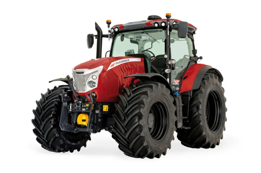 Le tracteur McCormick X7.6 est proposé en couleur métallisée avec des jantes noires.