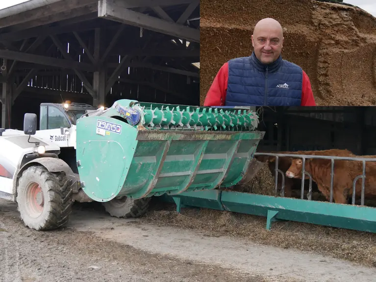 Jérôme Goulas, agriculteur à Caumont l'Eventé (Calvados), nourrit une centaine de bovins viande avec son godet mélangeur.