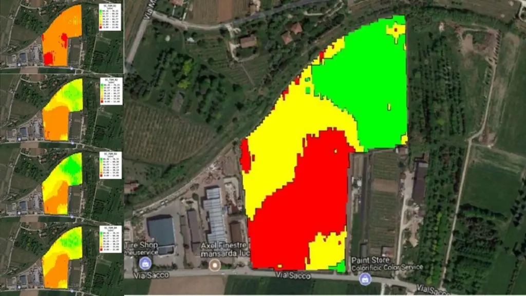 Exemple en Vénétie de carte de sols définie à partir des cartes de conductivité (à gauche) réalisées à quatre profondeurs avec le SoilXplorer dans une