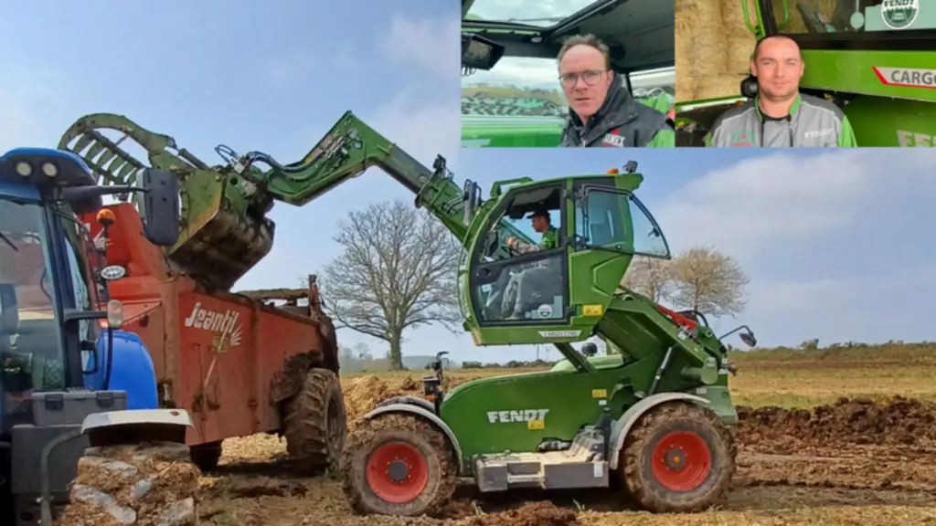 Jean-Marie Toutain et son salarié David Couillard ont pris goût à travailler avec la cabine du télescopique Fendt en position levée.
