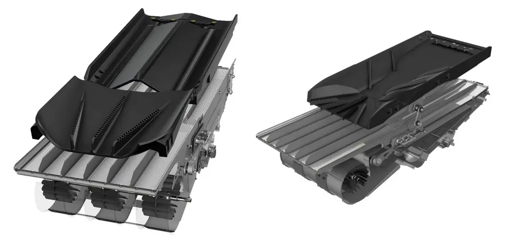 Sur les Agco Ideal 8, 9 et 10T (à gauche) dotées de deux rotors, la table de récupération se compose de deux parties, qui collectent la récolte passan