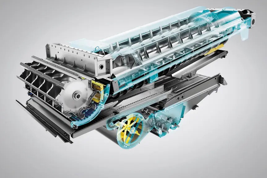 Le système de battage hybride du nouveau modèle CH de New Holland de 374 chevaux comprend un batteur et une paire de rotors.