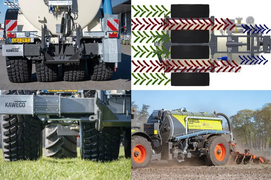 Recevant un relevage de forte capacité, les tonnes à lisier Kaweco Double Twin et Double Twin Shift se démarquent par la présence de quatre grandes ro