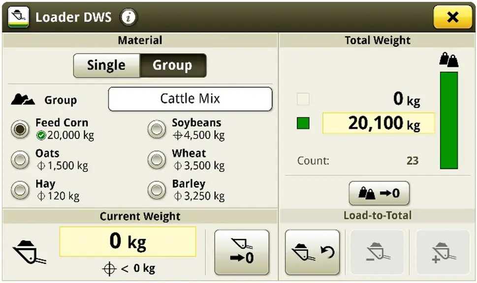 Intégré au terminal CommandCenter 4, le système de pesée John Deere propose de programmer des rations en mémorisant les ingrédients par leur nom et la