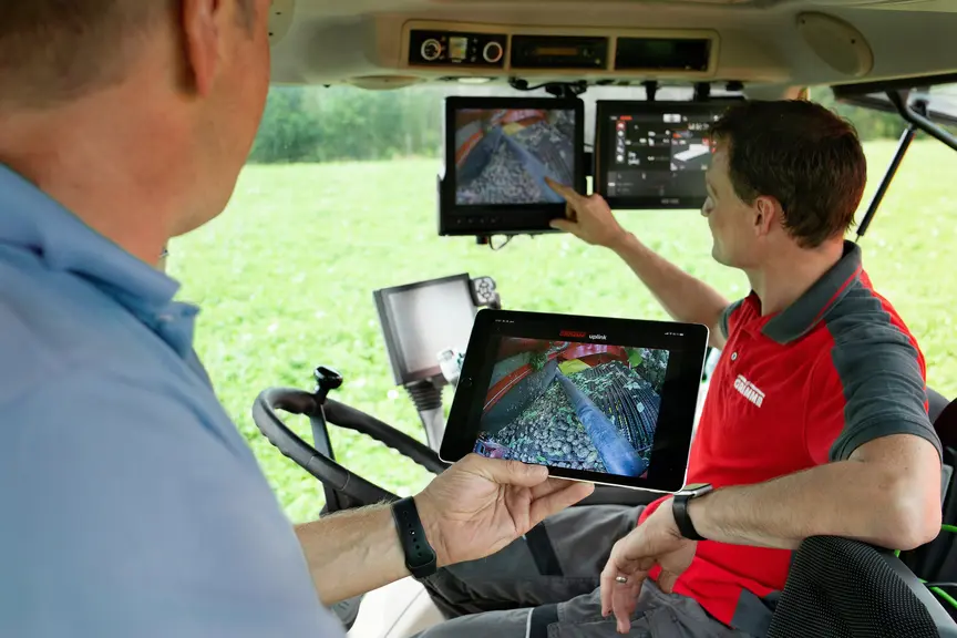Ropa avec le moniteur R-Connect et Grimme avec le SmartView, proposent des systèmes de caméras permettant de suivre à distance le bon fonctionnement d