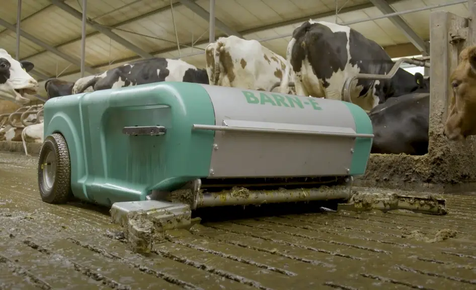 Robot racleur Barn-E en action sur des caillebotis