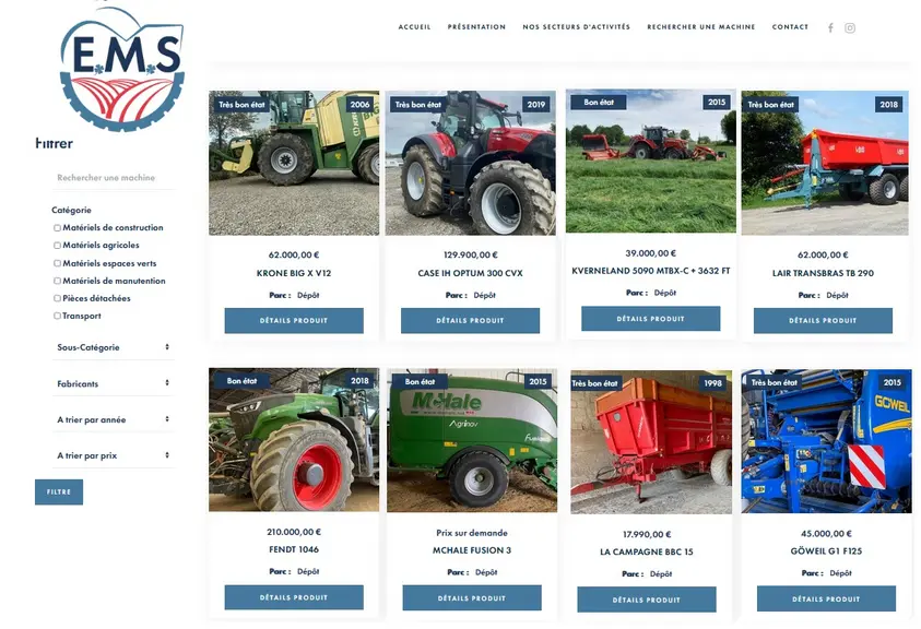 Matériels d'occasion sur le site internet Equiment Machinery Service - EMS