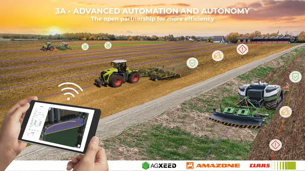 Consortium 3A entre Claas, Amazone et Agxeed pour accélérer le développement, la normalisation et la commercialisation d'attelages tracteur/outil partiellement ou entièrement autonomes.