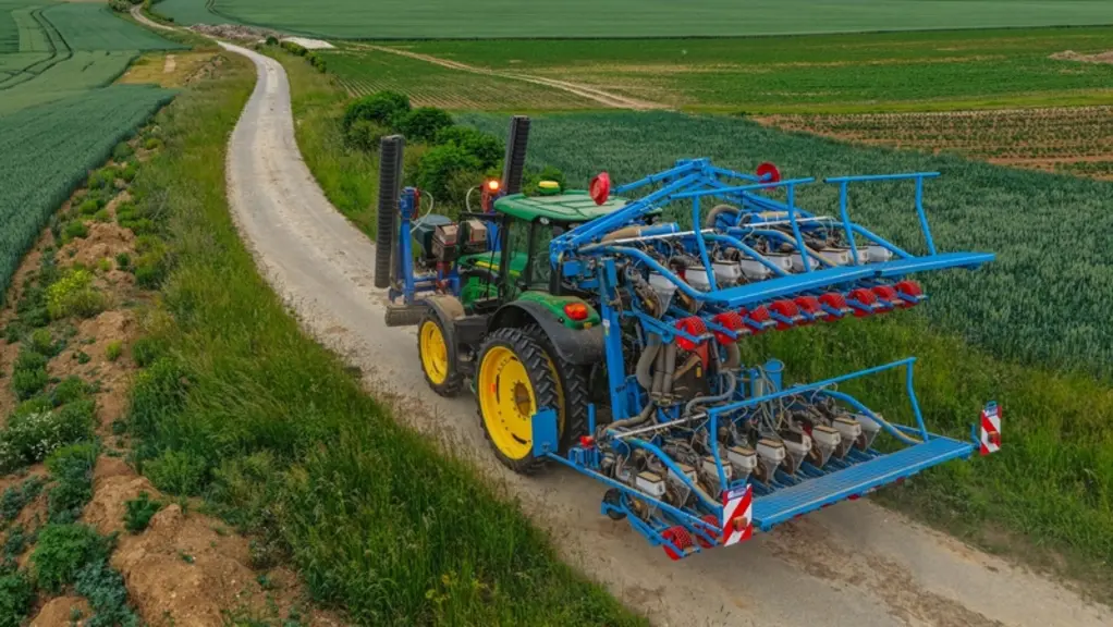 <em class="placeholder">Semoir Monosem MS Electron 18 rangs derrière un tracteur John Deere sur la route</em>