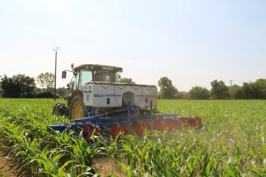 <em class="placeholder">Bineuse Carré avec trémie pour la fertilisation solide ou le semis de couverts végétaux.</em>