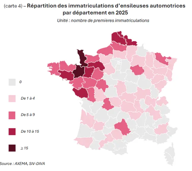 Répartition des immatriculations d’ensileuses automotrices par département en 2025