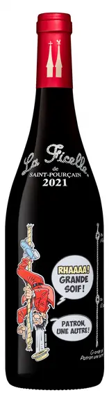 La cuvée « Ficelle » est ornée, non d’une étiquette, mais d’un dessin humoristique original imprimé en sérigraphie, créé par un artiste différent, cho