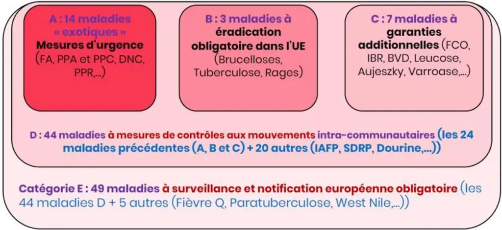 63 maladies animales, terrestres ou marine, sont listées dans la LSA. Leur classification vient remplacer les notions de Danger Sanitaire 1, 2 et 3 de