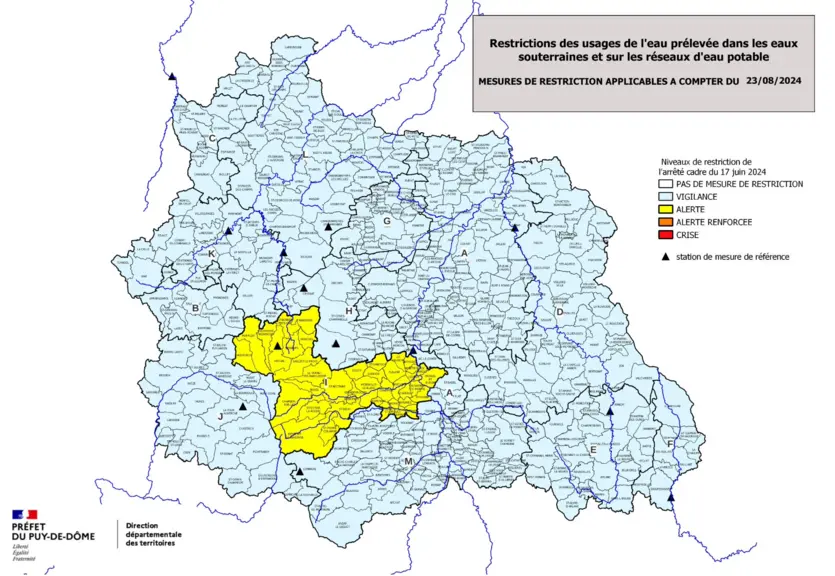 Carte des restrictions des usages de l’eau prélevée dans les eaux souterraines et sur les réseaux d’eau potable.