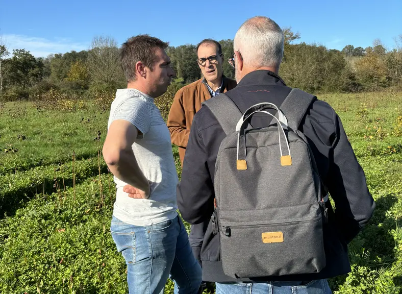 3 personnes, dont Emmanuel Lissajoux, en bordure de parcelle