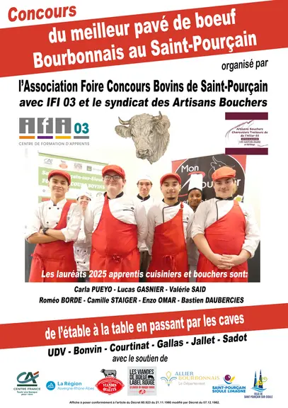 Affiche rouge et blanche, où l'on voit les lauréats 2025 apprentis cuisiniers et bouchers