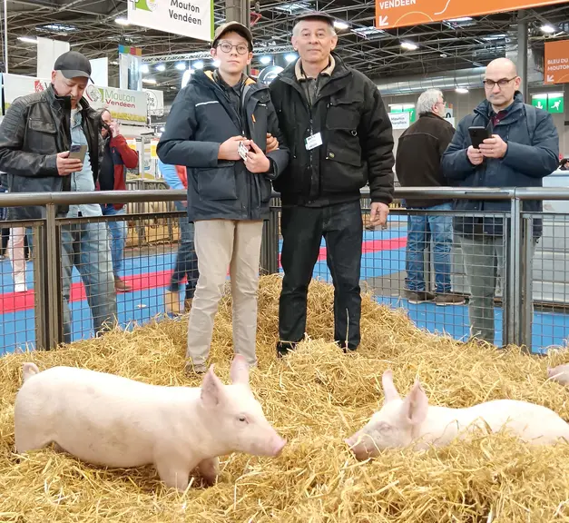 2 éleveurs debout derriere deux de leurs cochons