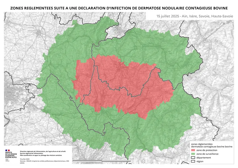 Chaque foyer est ceinturé d’une zone de protection, en rose sur la carte (ZP) de 20 km de rayon et d’une zone de surveillance, en vert sur la carte (ZS) de 50 km formant la zone réglementée (ZR).