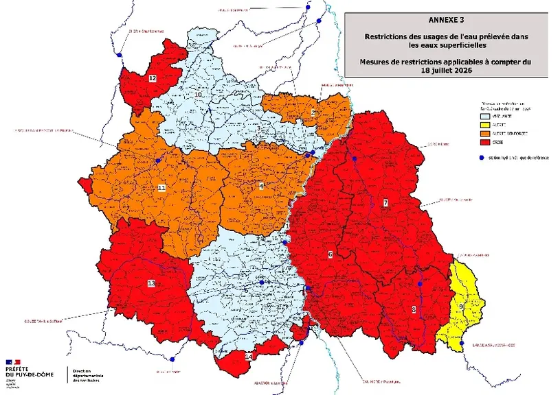 Restrictions des usages de l'eau prélevée dans les eaux superficielles, depuis le 18 juillet. 