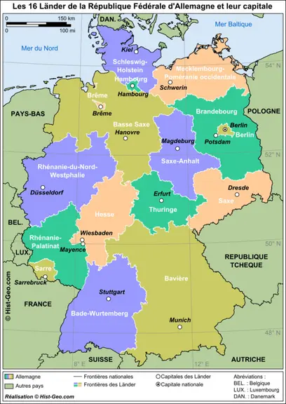 Les seize Länder de la république fédérale d'Allemagne et leur capitale