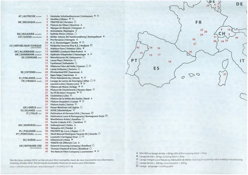 Carte "Une cinquantaine d’ateliers lavent la laine en Europe"Pour cette carte, on peut se limiter à la France, la Belgique, le Royaume-Uni, l'Allemagn