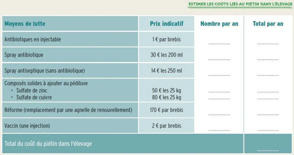 Ce tableau est mis à disposition des éleveurs par Pactise pour qu'ils puissent évaluer le coût de la lutte contre le piétin.