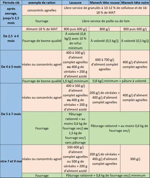 Exemples de ration au différents stades de croissance des agnelles laitières.(Source : Idele, CNBL)