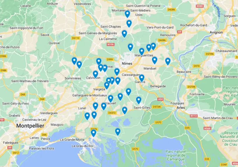 Cartographie des éleveurs et vignerons du Gard.