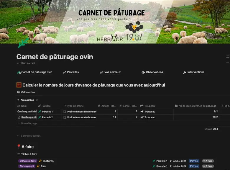 Interface de gestion du carnet de pâturage