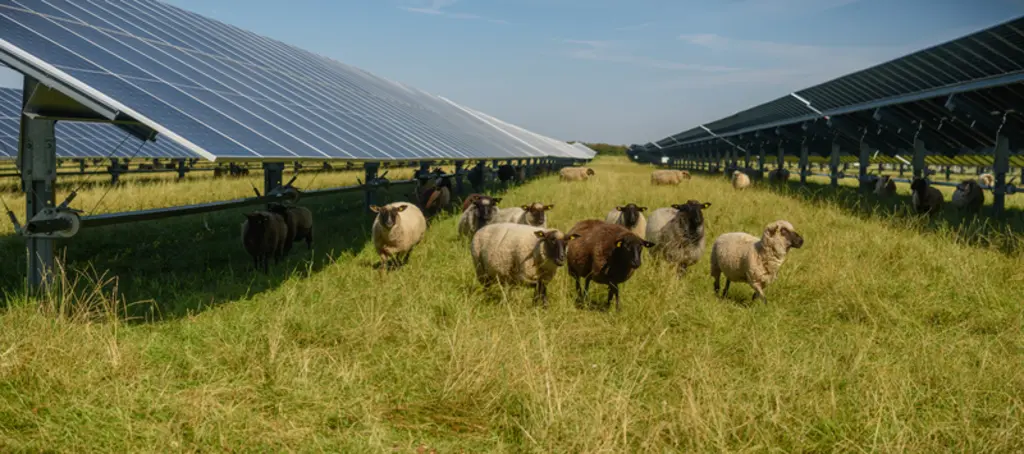 Moutons pâturant dans une centrale agrivoltaïque