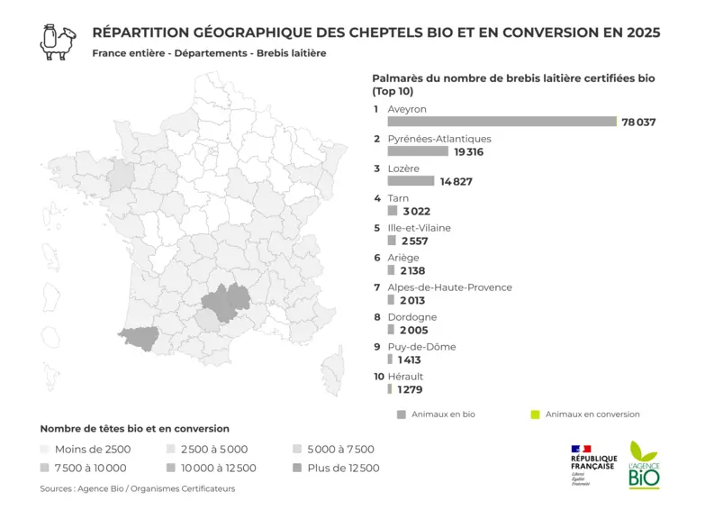 Carte de France avec la répartition des brebis laitières.