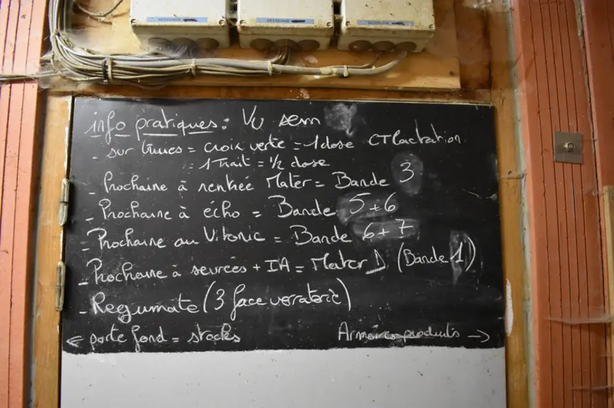 L'éleveur inscrit des aide-mémoire à la craie. © Chambre d'agriculture de ...