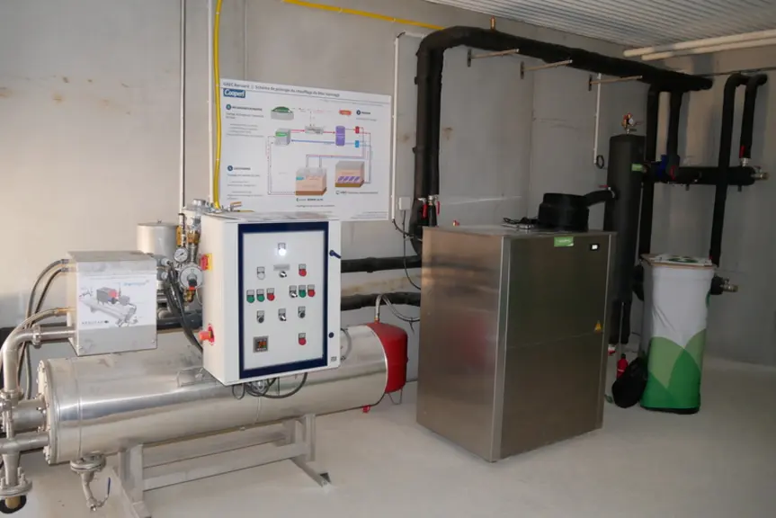 La pompe à chaleur préchauffe l’eau du réseau de chauffage jusqu’à 45°C. Le complément est apporté par la chaudière bi-gaz, alimentée en biogaz ou à d