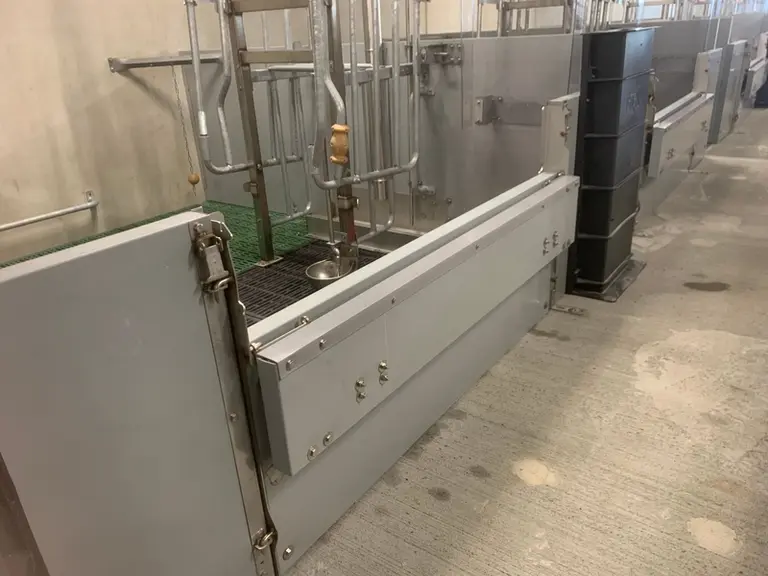 <em class="placeholder">Une option « portillon rabattable » facilite l’accès à la case. Celui-ci est relevé, une fois les truies sevrées.</em>