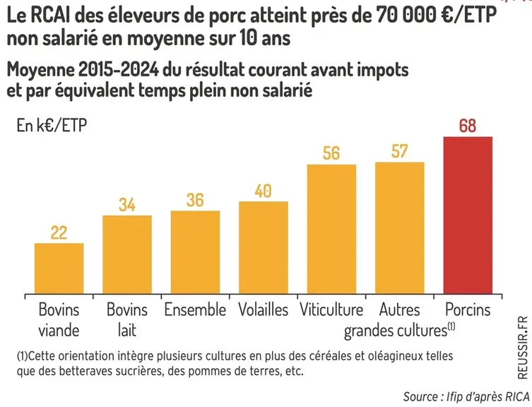 <em class="placeholder">Graphique = Le RCAI des éleveurs de porc atteint près de 70 000 €/ETPnon salarié en moyenne sur 10 ansMoyenne 2015-2024 du résultat courant avant impôts et par ...</em>