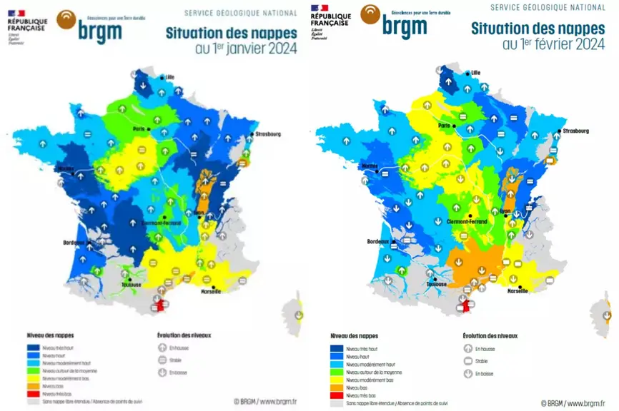 Comparaison de l'état des nappes phréatiques entre le 1er janvier et le 1er février 2024