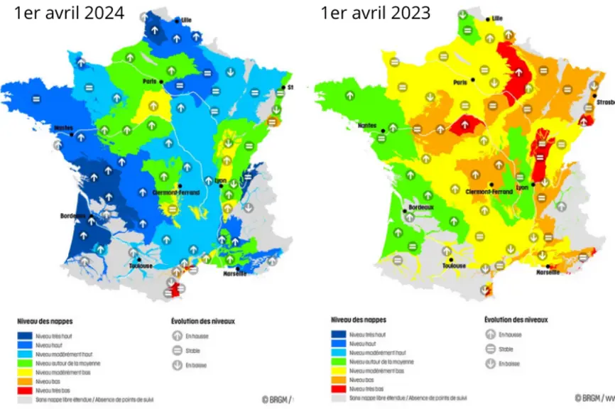 Cartes de comparaison de l'état des nappes phréatiques entre le 1er avril 2023 et le 1er avril 2024