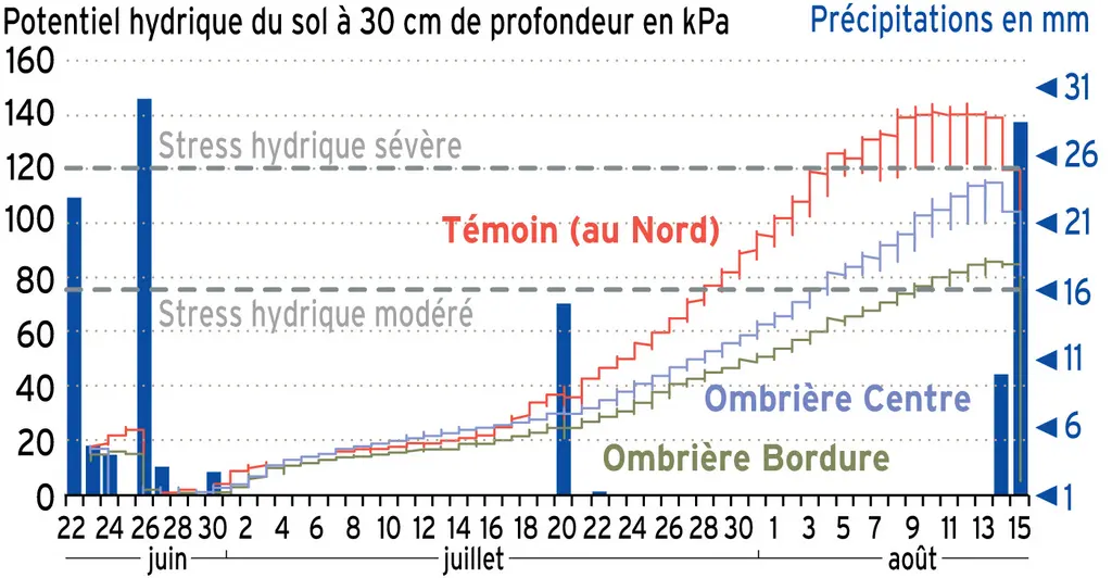 Graphique issu des comparaisons entre parcelle témoin et parcelle sous canopée.